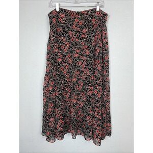 CHARTER CLUB Women's 14 Black Red Flared A-Line Midi‎ Skirt Chiffon Lined Floral